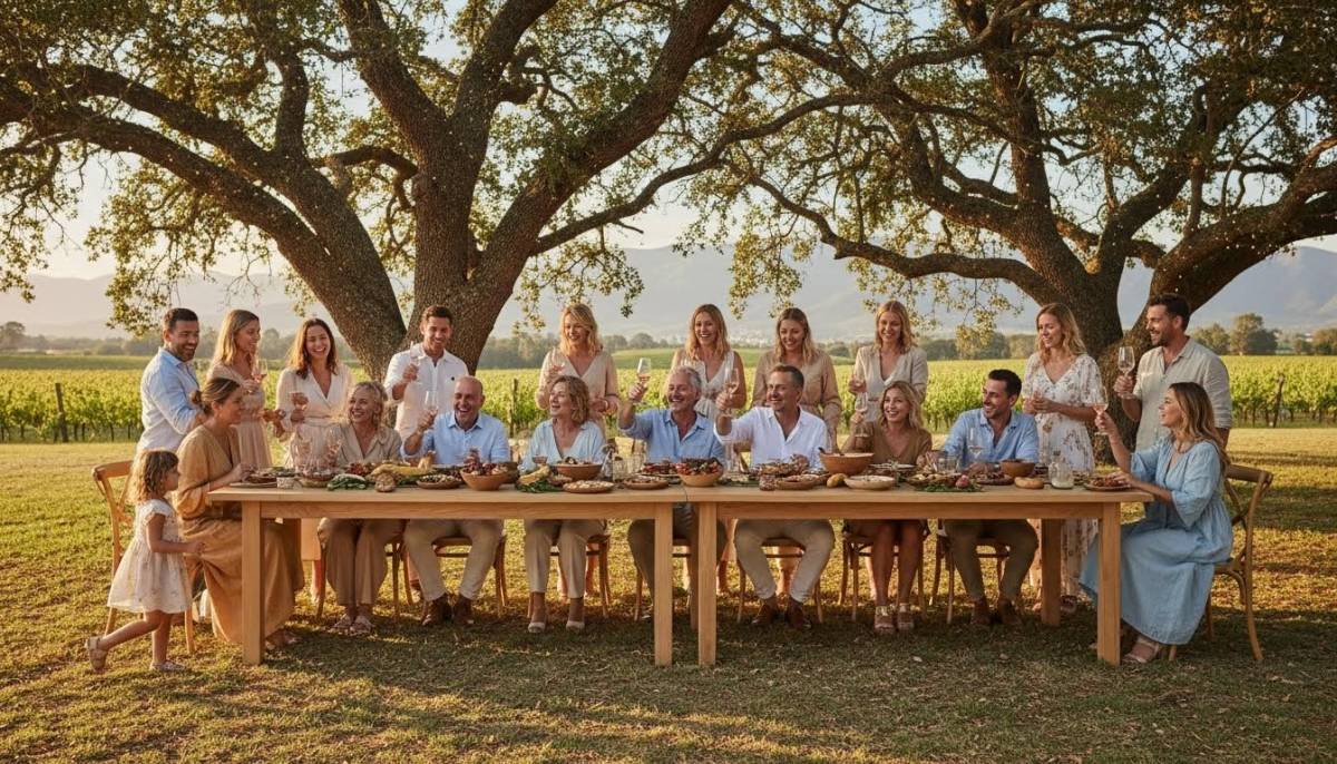 Family celebrating around a long minimalist table