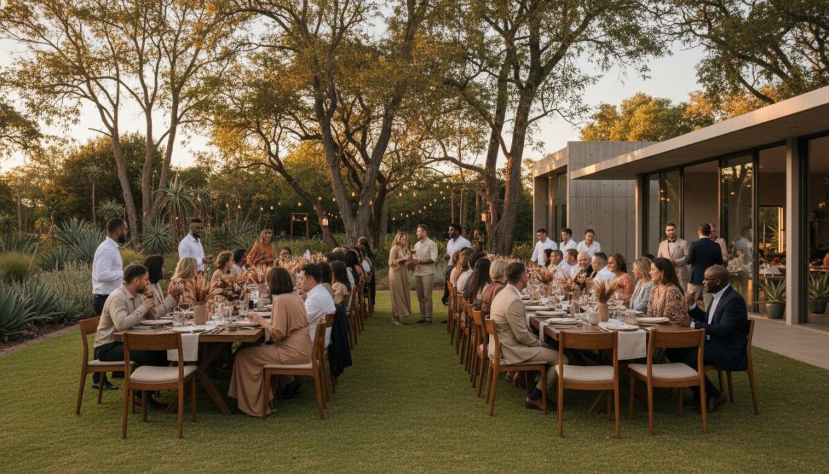 Guests dining at a minimalist outdoor celebration