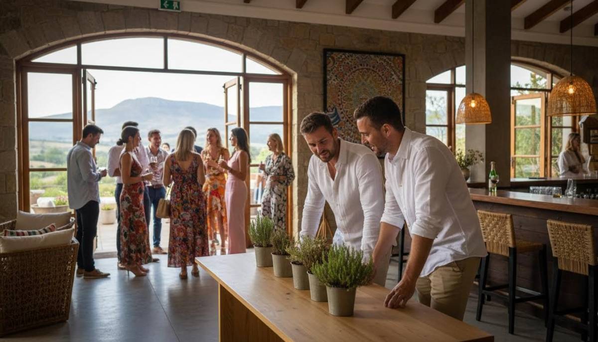 Host reviewing a minimalist table sample before guests arrive