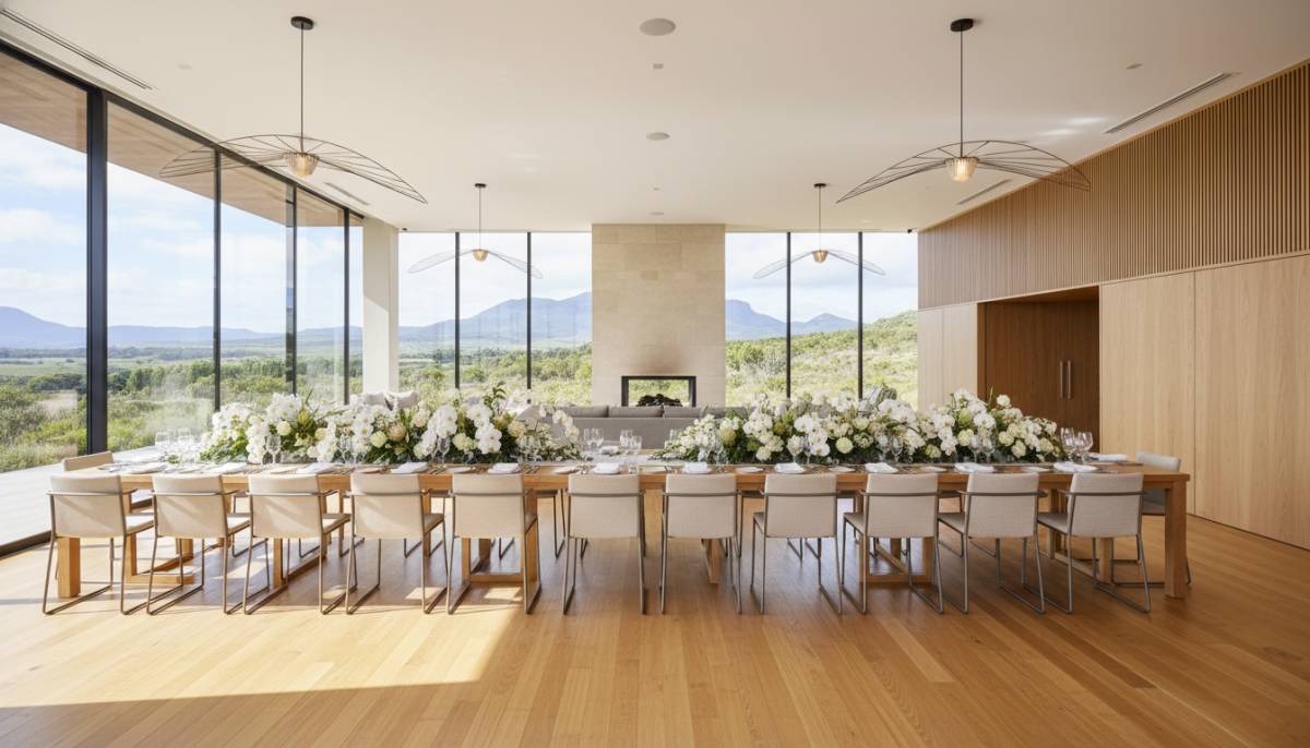 Estate clubhouse set for a refined minimalist celebration