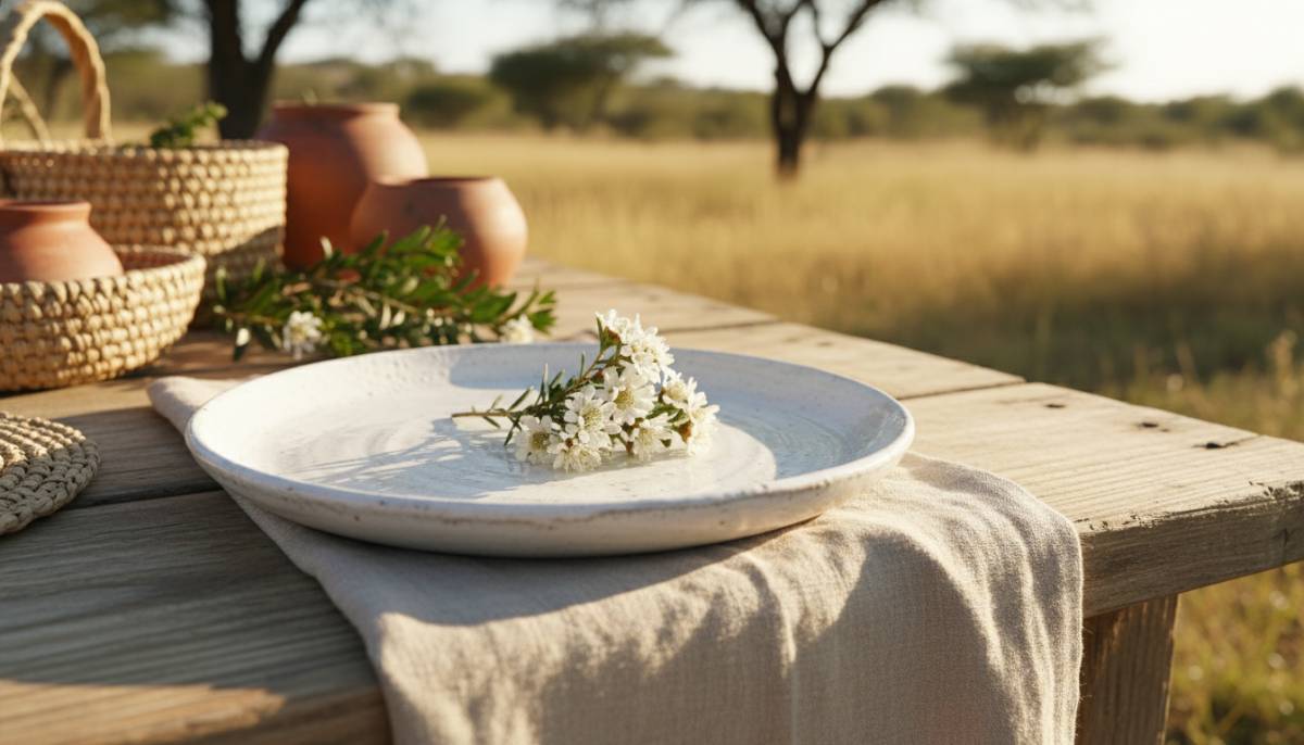 Minimal table setting with linen and ceramics