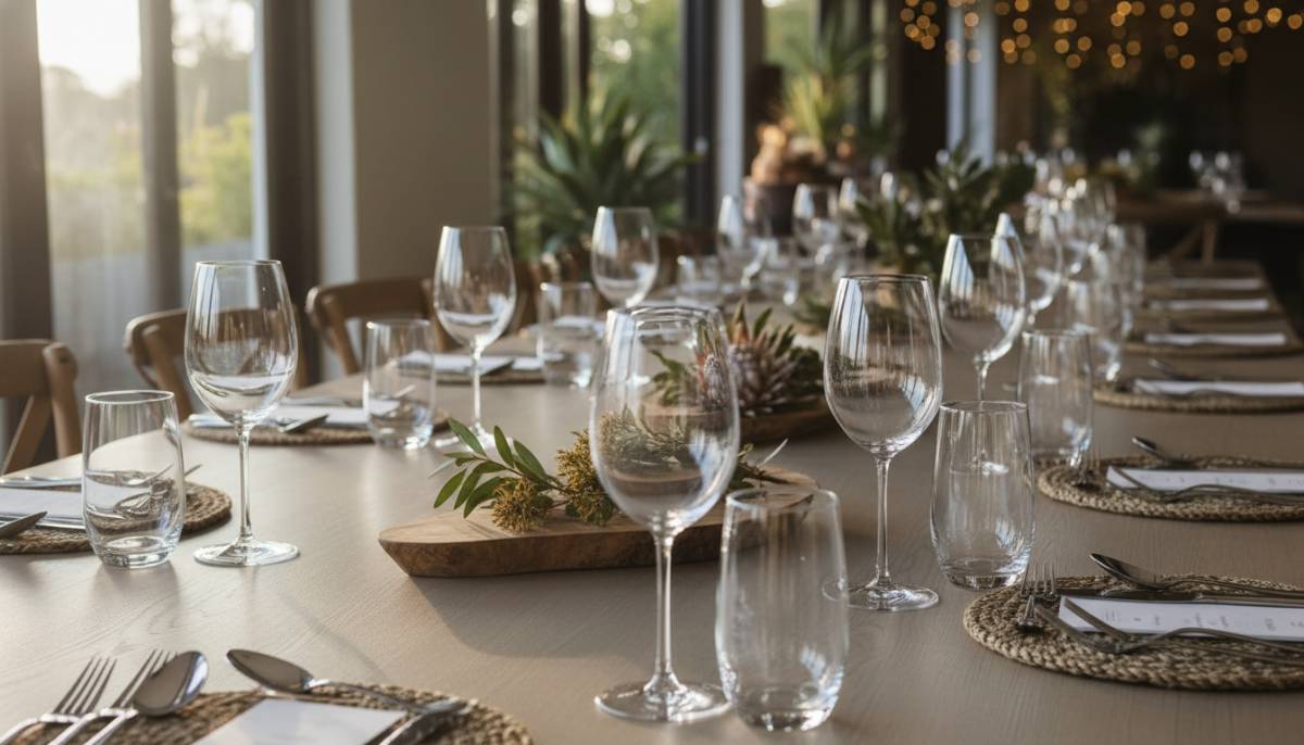 Glassware and cutlery on a neutral table