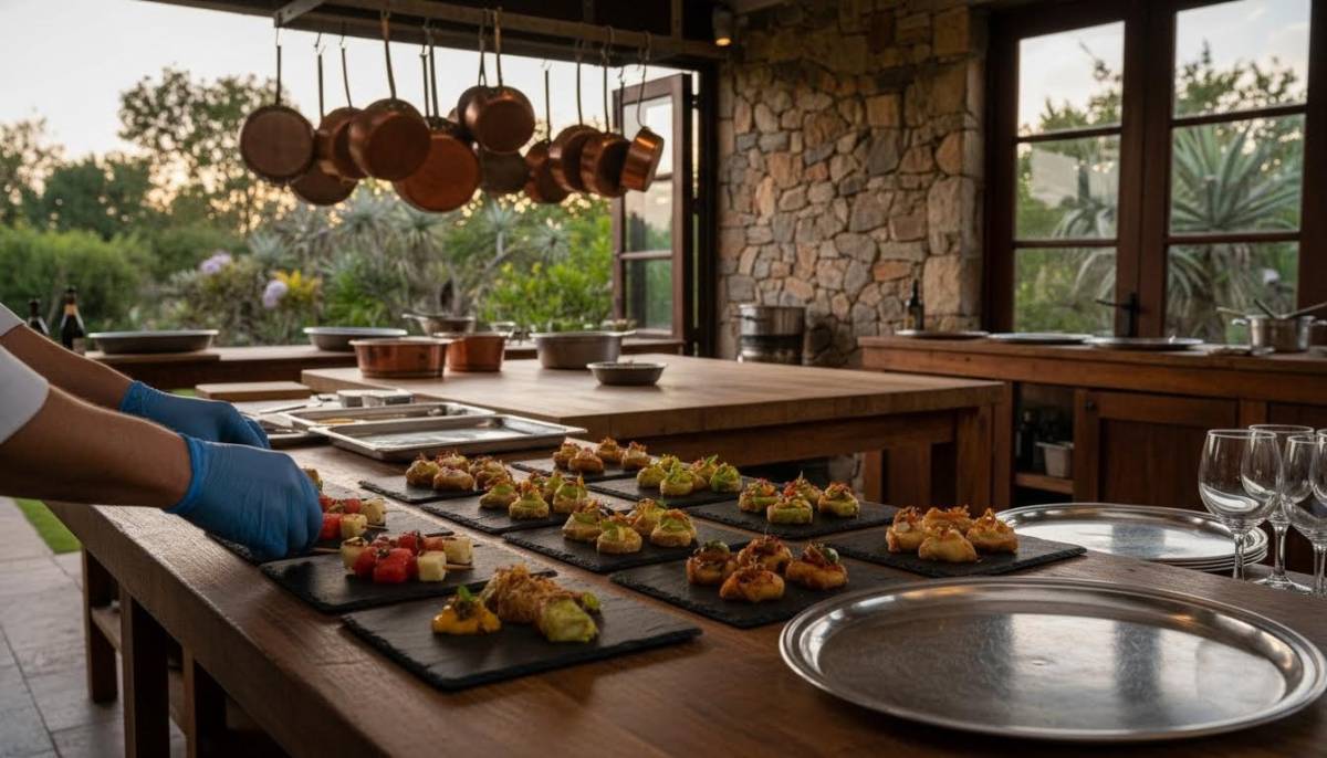 Chef plating seasonal canapes for an outdoor celebration