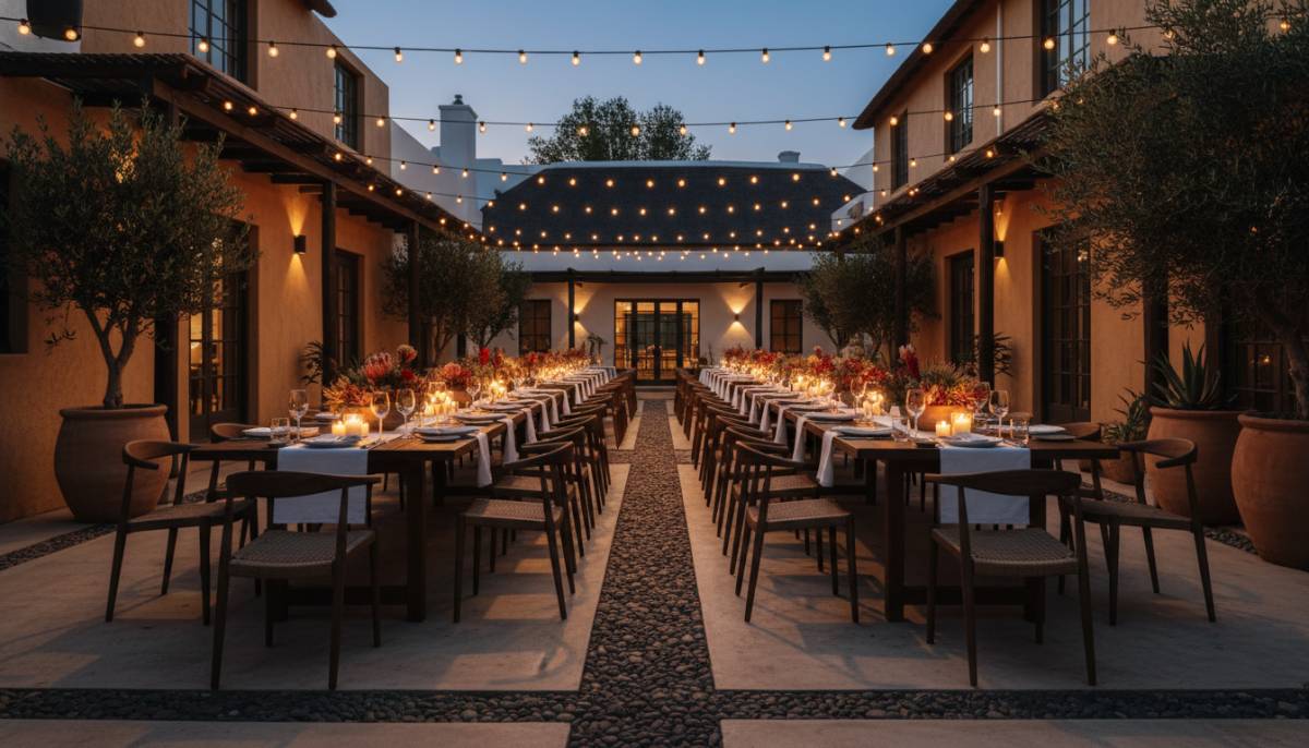 Warm lighting over minimalist dinner tables in a courtyard