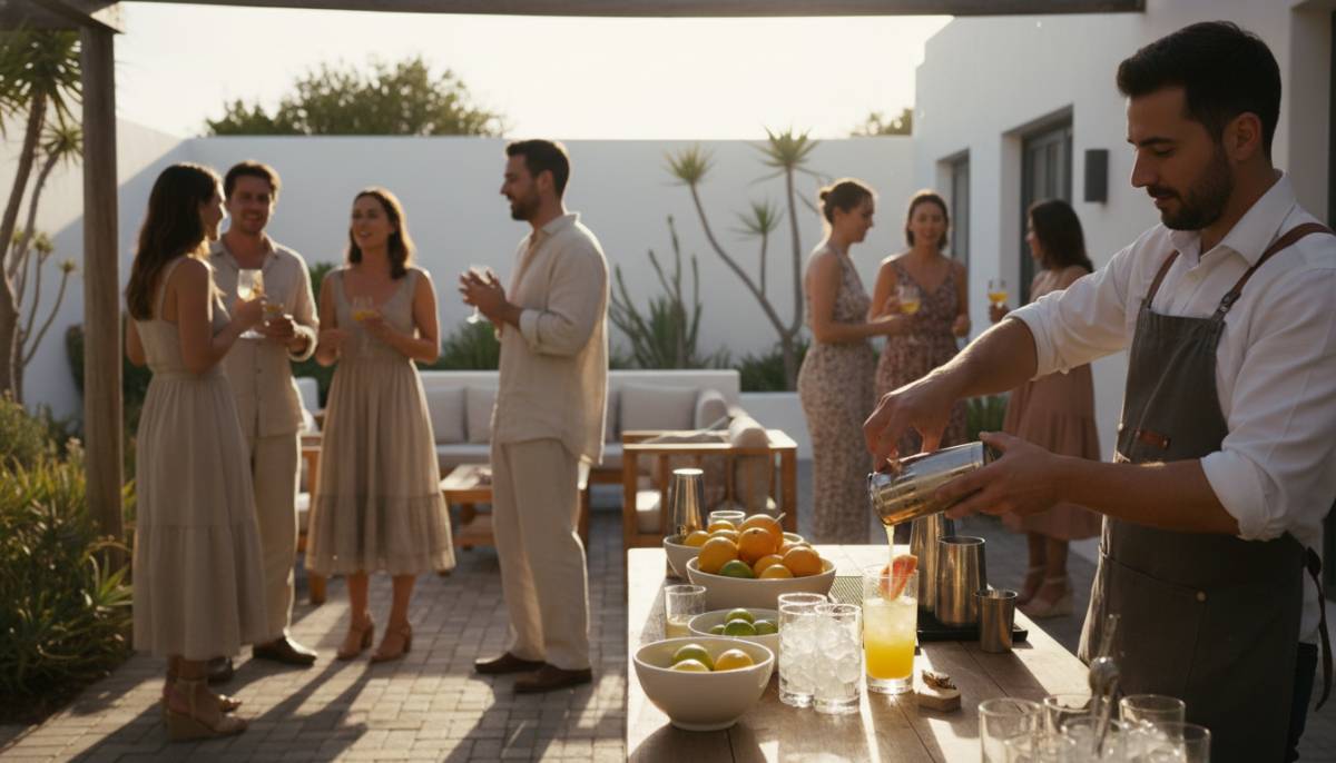 Bartender serving cocktails while guests chat
