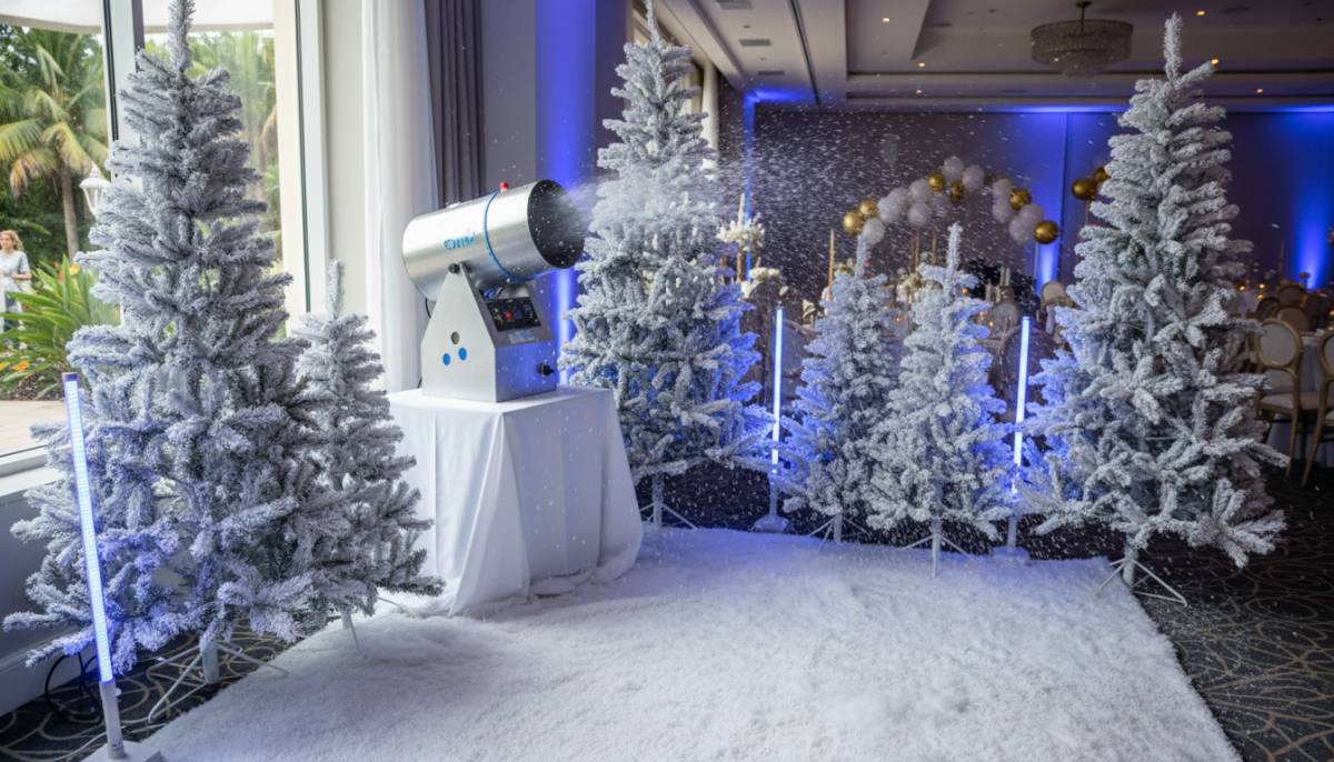 Snow machine photo corner with white trees in a Durban event room.