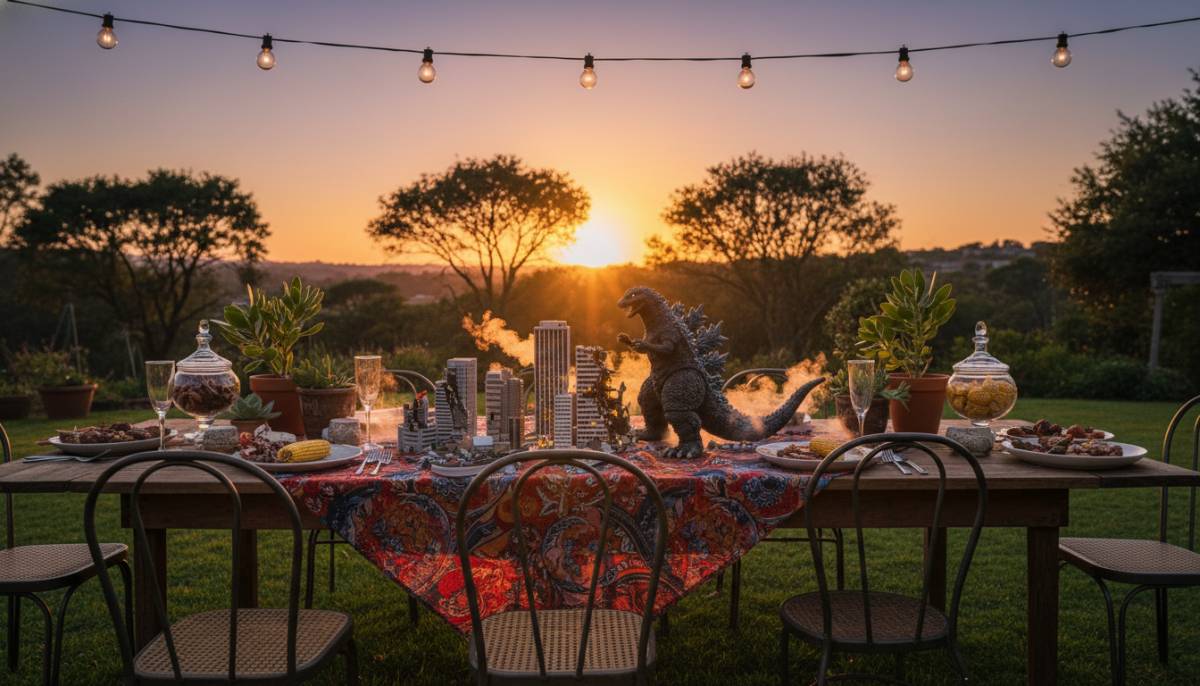 Mini kaiju city table decor in a Johannesburg garden at sunset