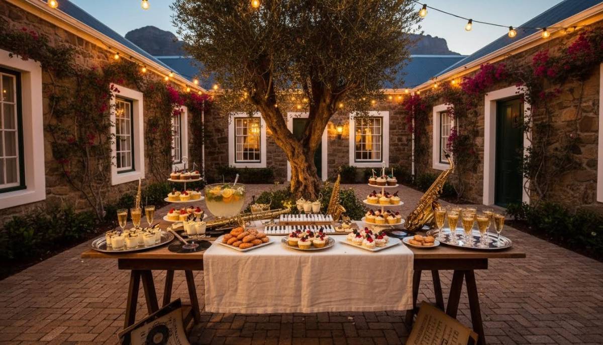 Jazz dessert station in a Cape Town courtyard with warm festoon lights.