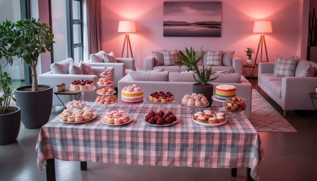 Plaid Clueless-inspired dessert table in a Johannesburg lounge with pink uplighting.