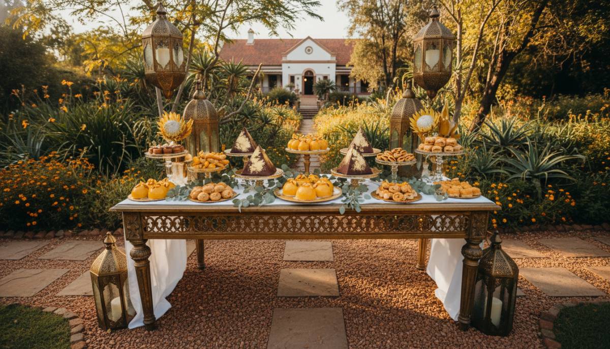 Gold relic dessert table in a Pretoria garden with lantern shadows.