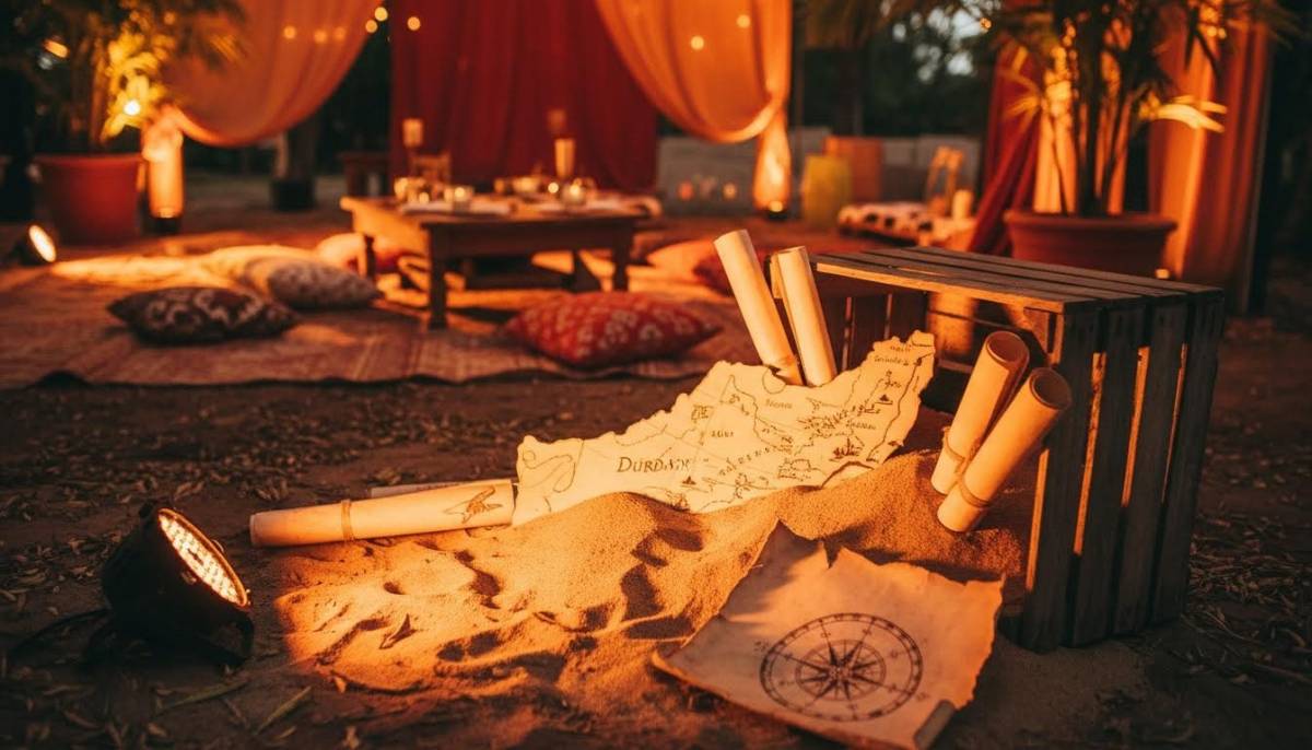 Sand crate prop corner with maps in a Durban venue under amber lighting.