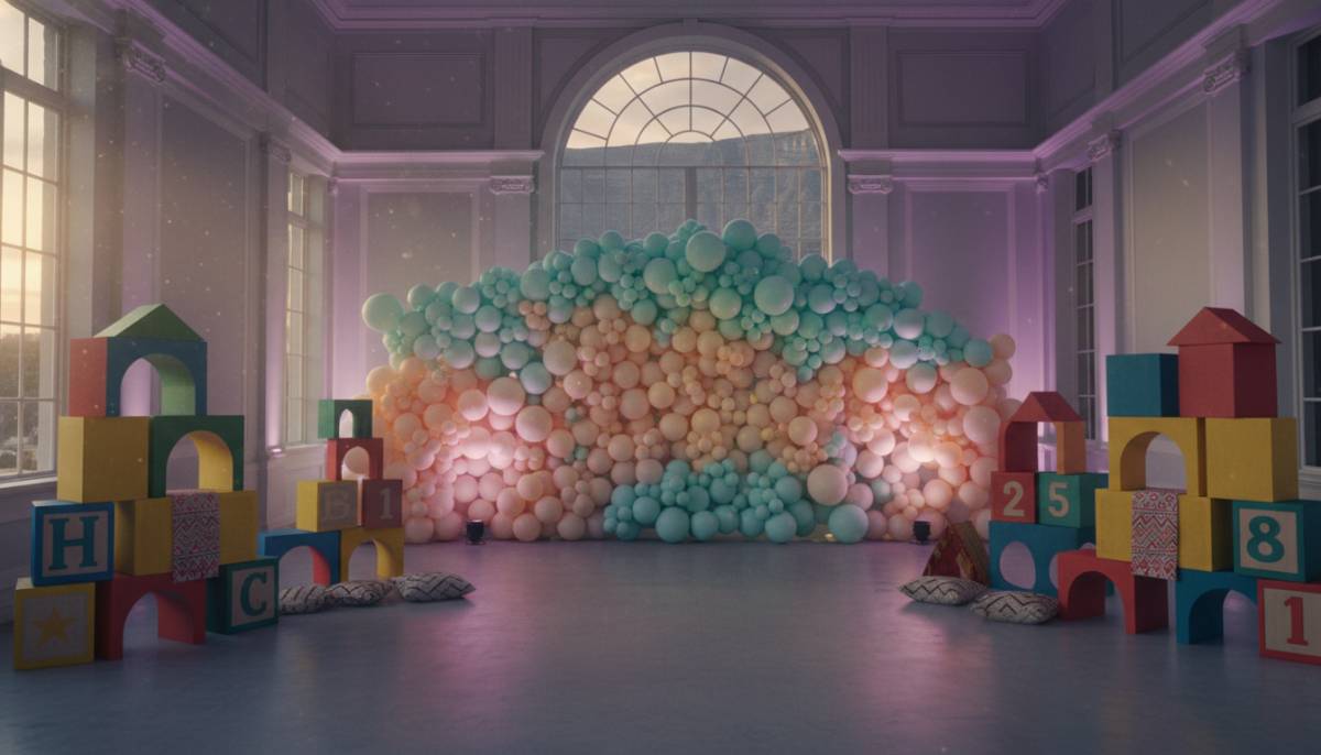 Giant toy blocks and balloon backdrop in a Cape Town hall with soft party lighting