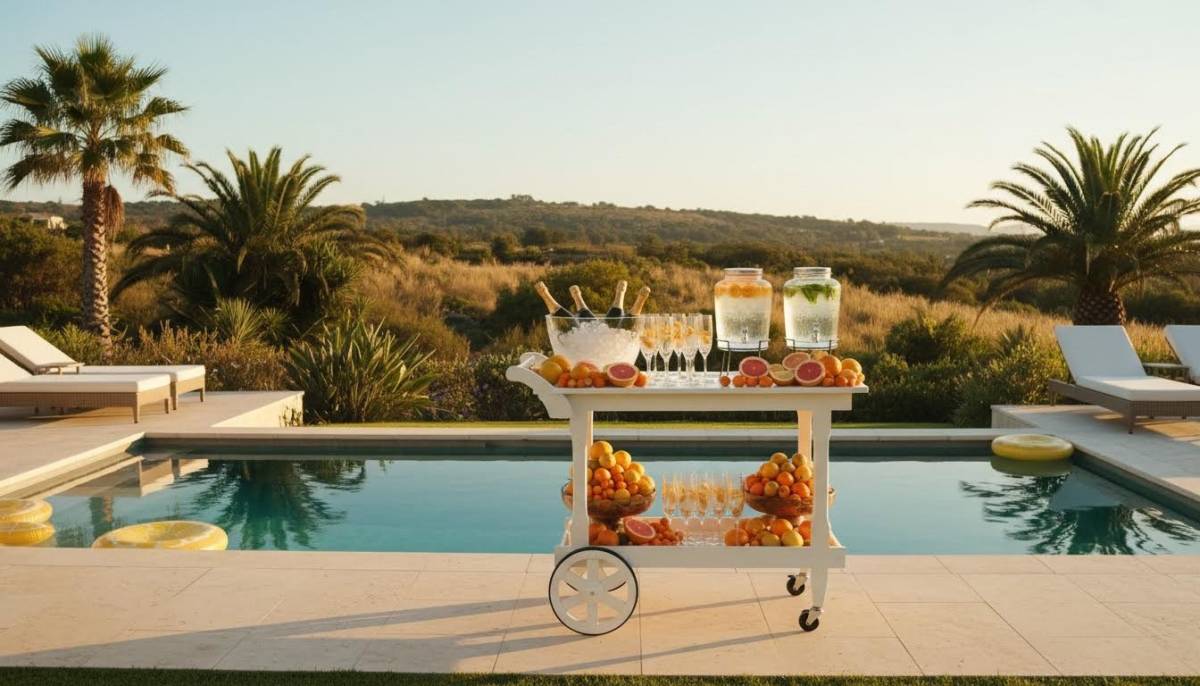 Prosecco cart with citrus styling at a South African pool party in golden light
