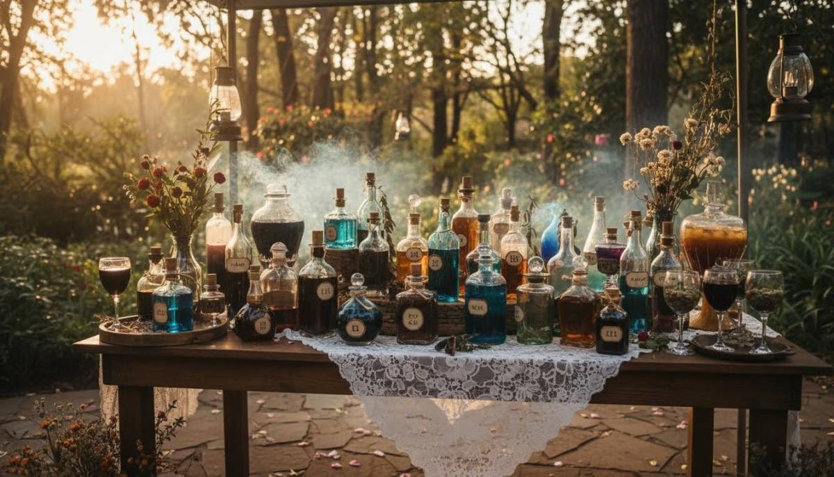 Potion drink station with coloured bottles and mist in a Johannesburg garden venue.