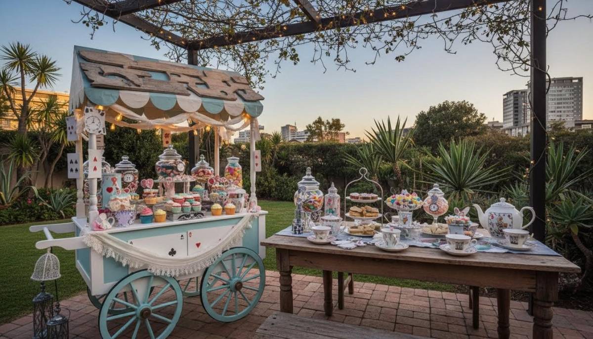 Alice themed candy cart beside a Johannesburg patio tea table