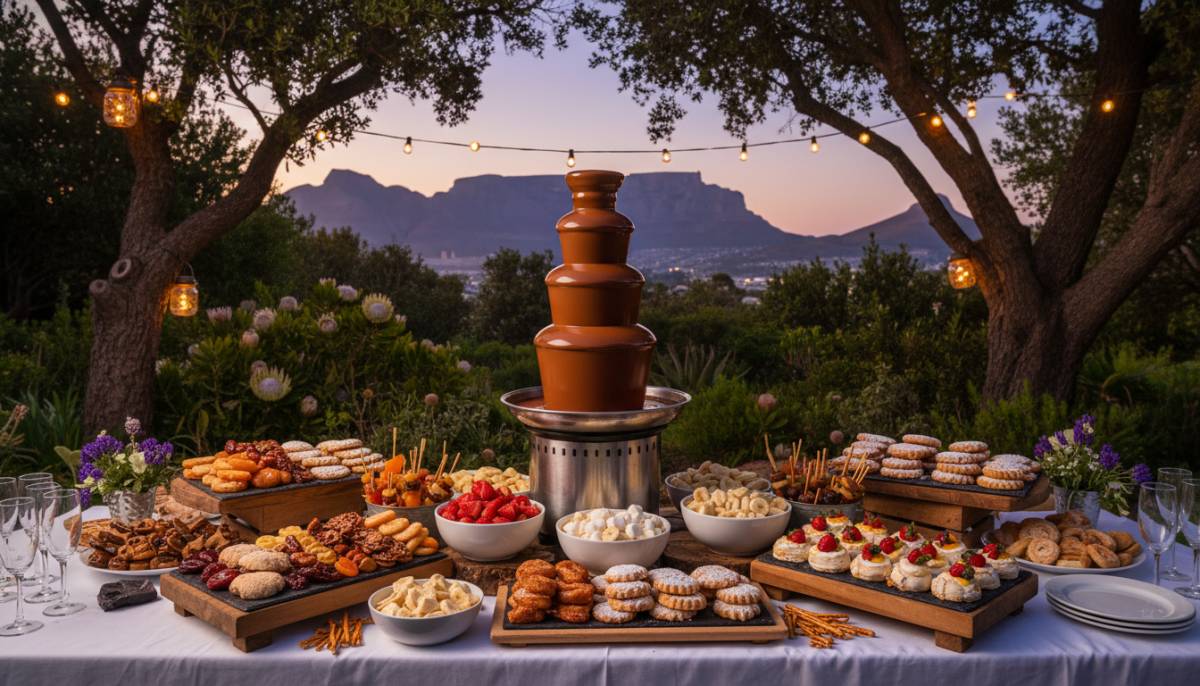 Chocolate fountain with sweets at a Cape Town garden party at dusk
