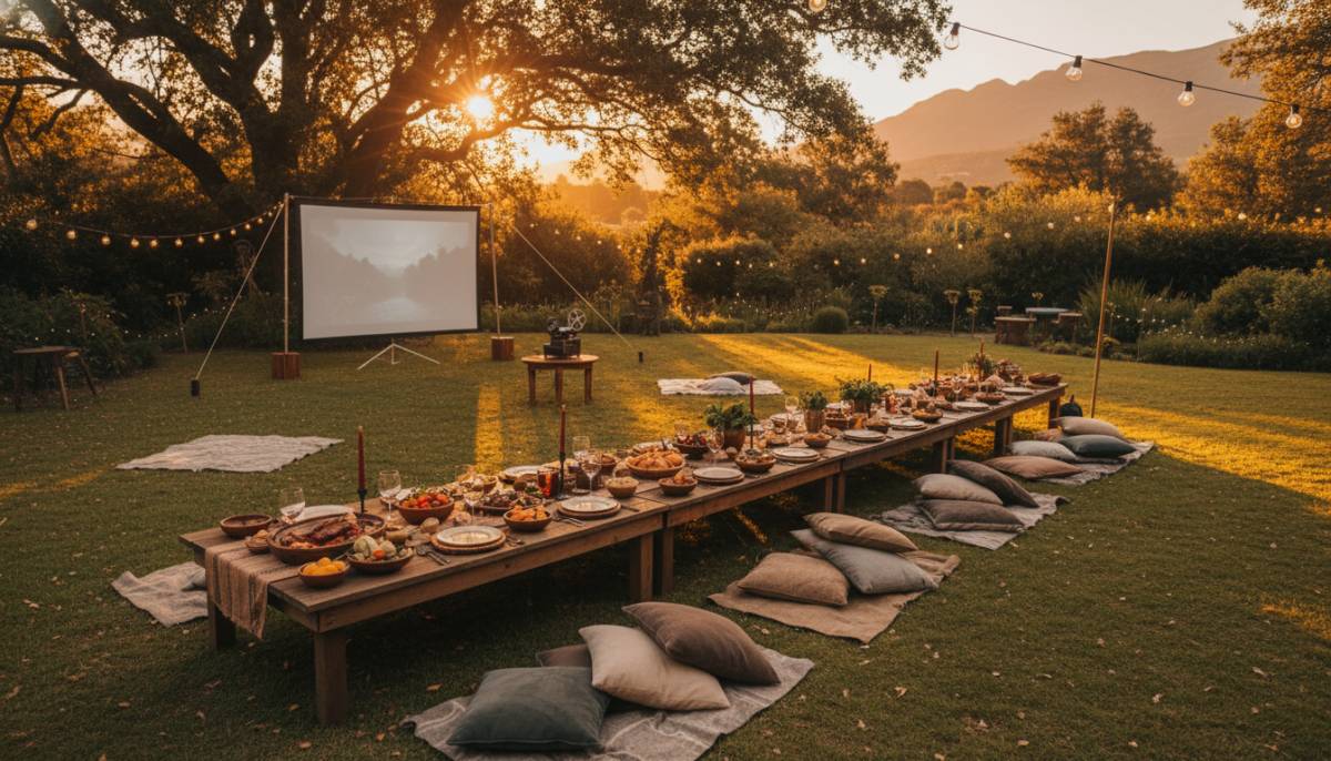 Outdoor cinema screen beside a rustic feast table in a Gauteng garden at night