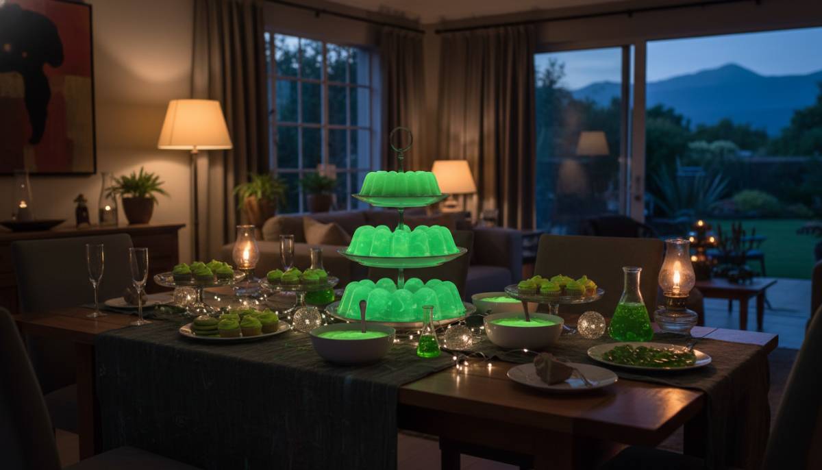 Green ectoplasm-themed dessert table in a Pretoria home party.
