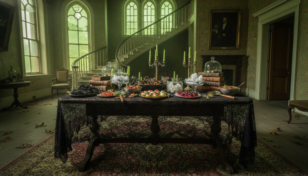 Haunted mansion snack table with magnifying glasses in a Cape Town heritage venue under moody green lighting.