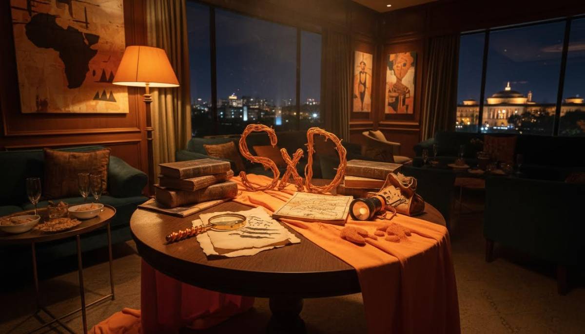 Scooby-Doo inspired clue table in a Pretoria lounge with orange props and warm lamp lighting.