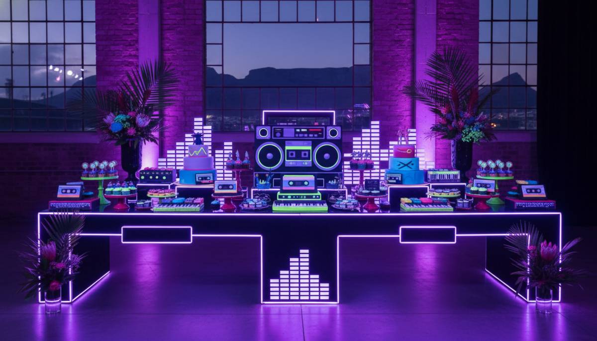 Retro cassette-inspired neon dessert table in a Cape Town party venue with purple lighting