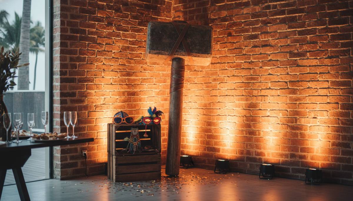 Prop hammer photo corner in a Durban venue with amber uplighting