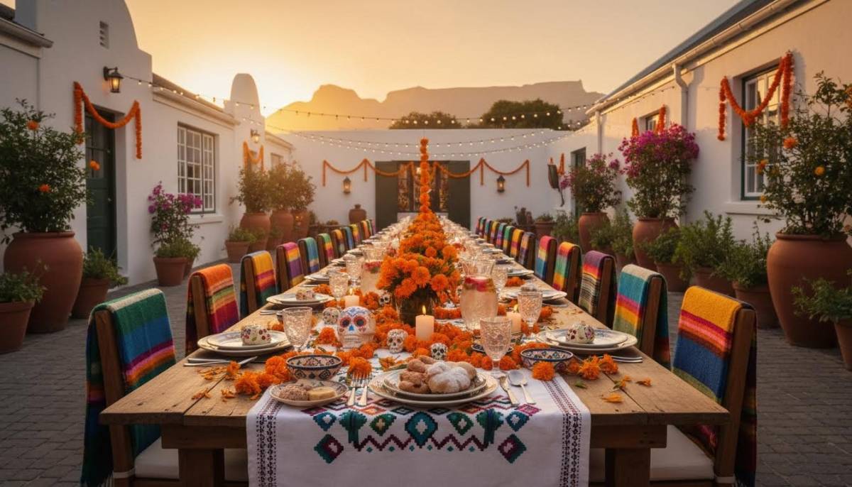 Coco inspired marigold fiesta table in a Cape Town courtyard at golden hour