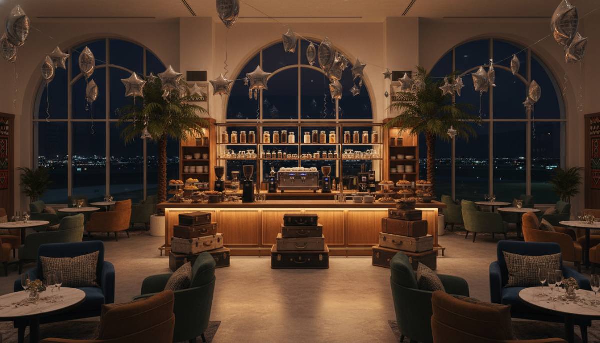 Airport terminal themed party lounge with suitcase props, coffee bar and silver balloons at night.