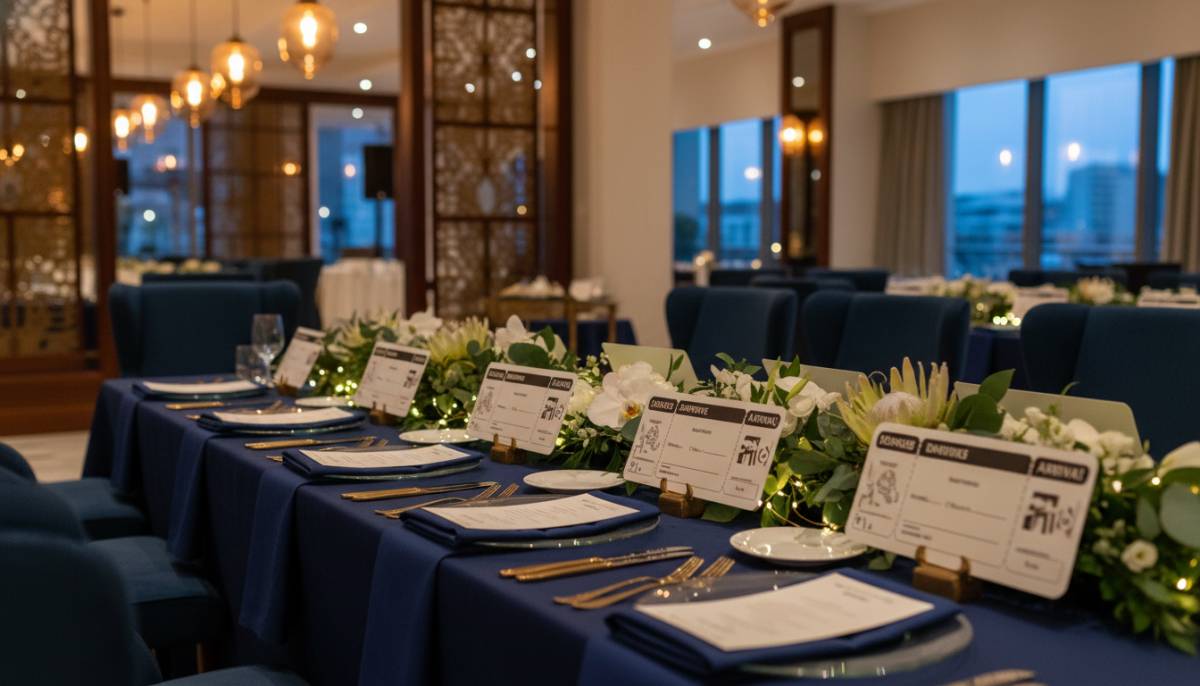 Boarding pass place cards on a navy airport themed party table.