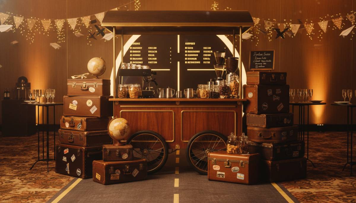 Mobile coffee bar with suitcase props at an airport themed party.