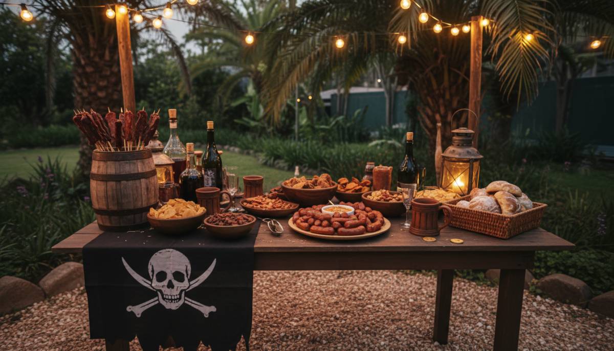 Pirate tavern snack table in a Durban garden with warm festoon lighting