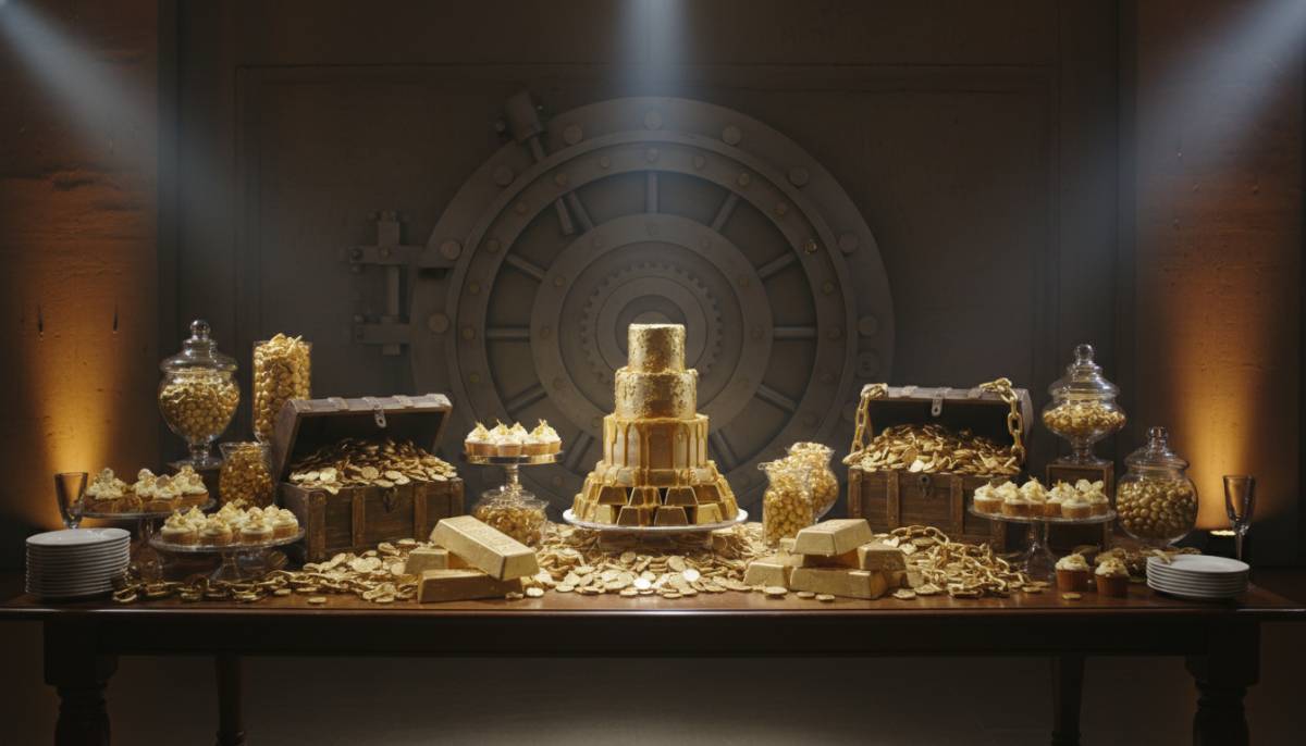 Heist vault dessert table with gold props in a Sandton event venue.