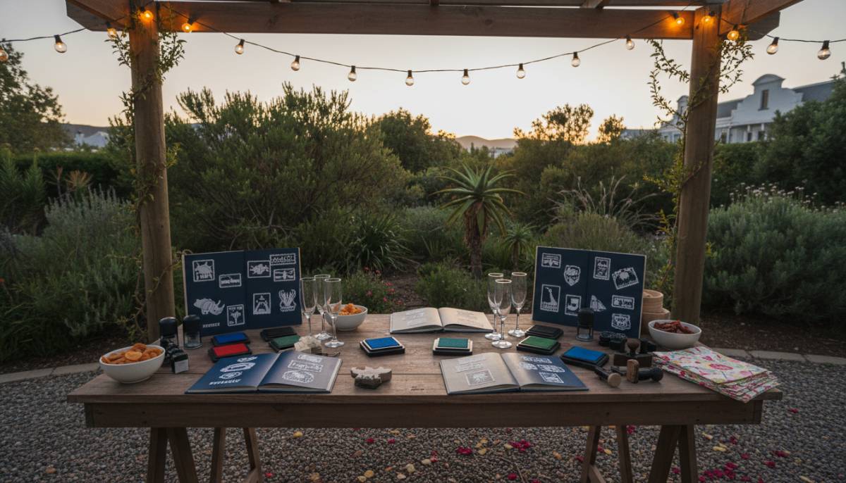 Passport stamp party desk in a Cape Town garden with warm festoon lighting