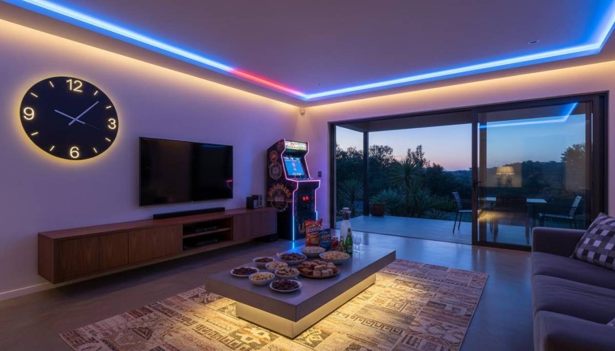 Retro time travel lab party corner in a Johannesburg warehouse with neon blue lighting