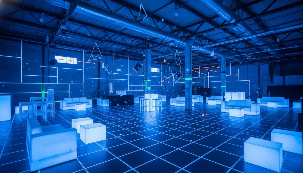 Tron-inspired LED lounge corner with UV lighting in a Johannesburg event venue.