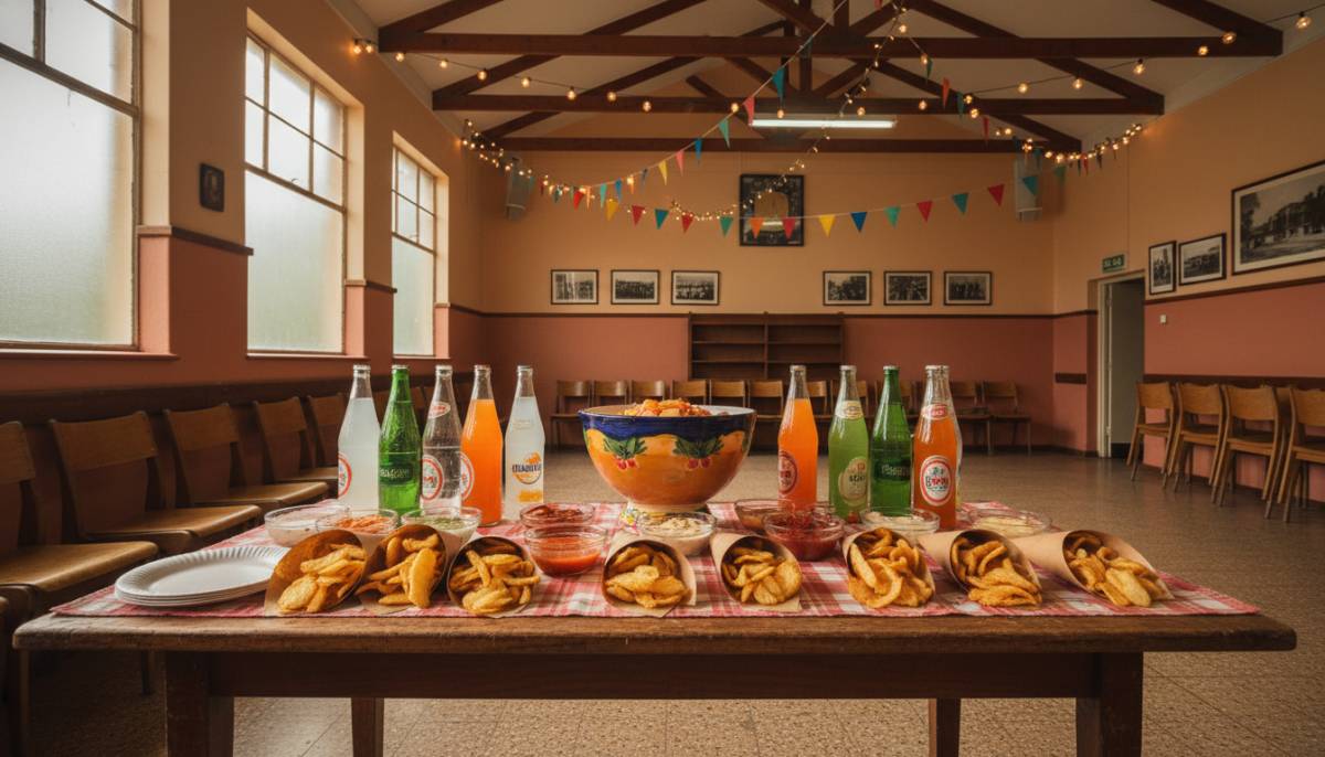 Retro snack table with slap chips cones in a South African hall with warm lighting