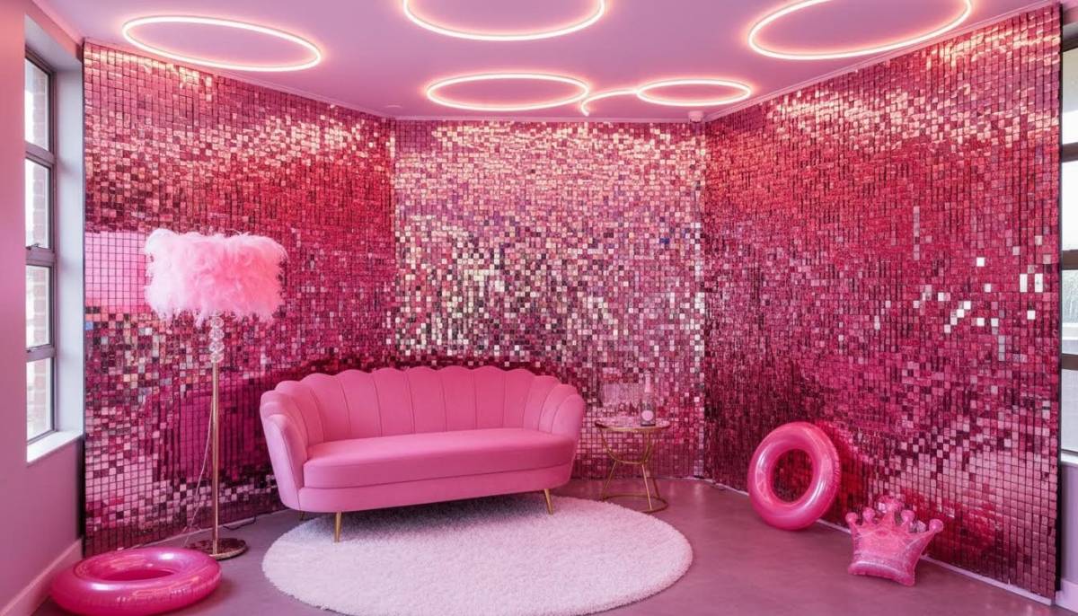 Barbie-inspired photo corner with shimmer wall in a Pretoria clubhouse under LED lighting.