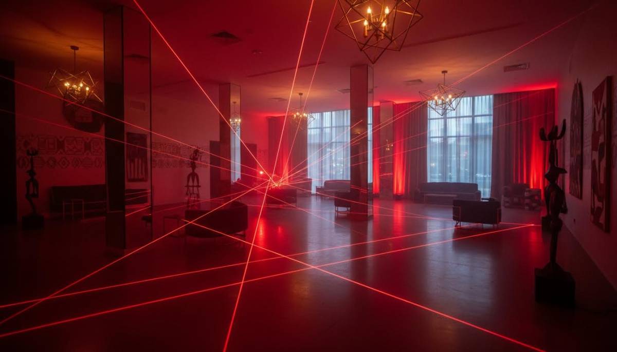 Laser maze spy party setup in a Johannesburg clubhouse with red lighting