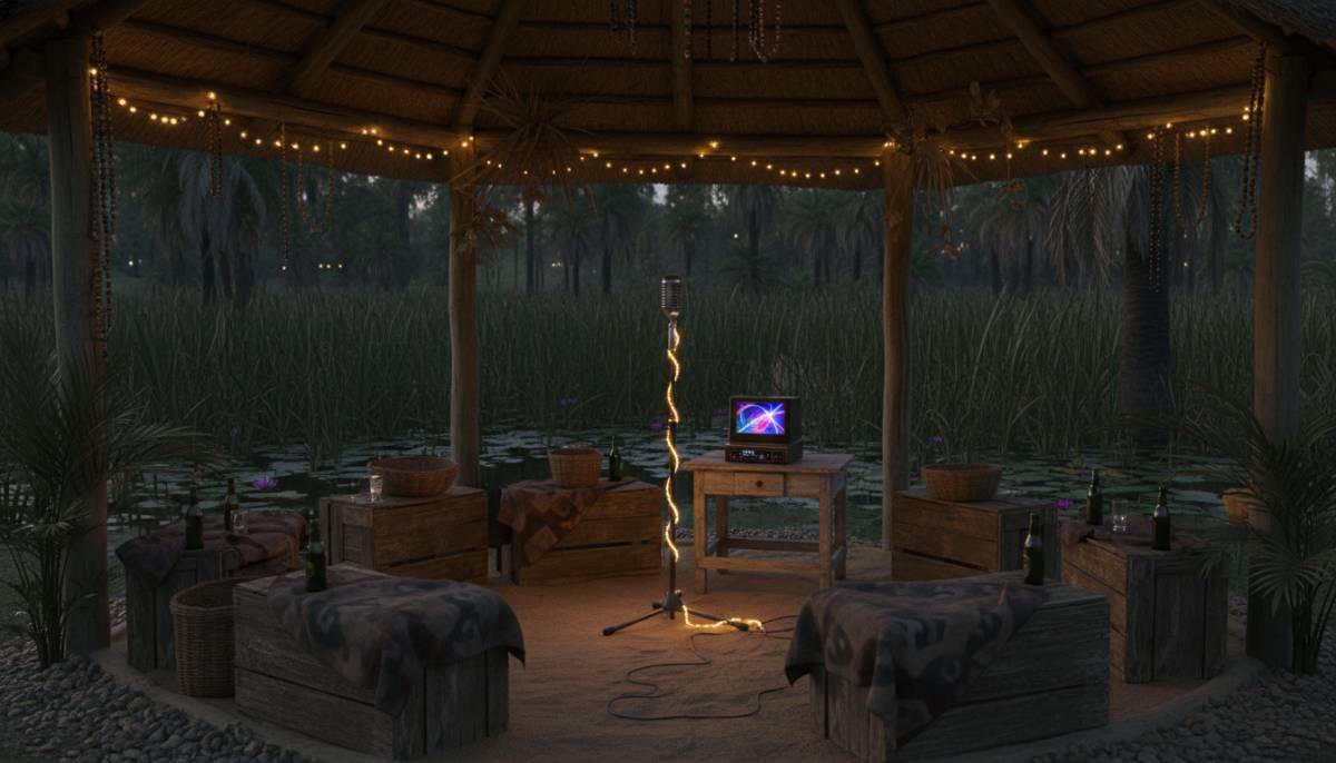 Rustic swamp karaoke corner in a Pretoria lapa