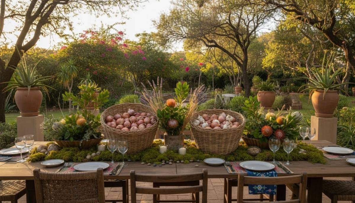 Onion baskets and moss table decor at a garden party