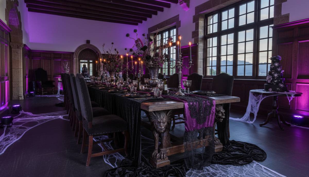 Wednesday inspired gothic dining table with purple uplighting in a South African home venue.