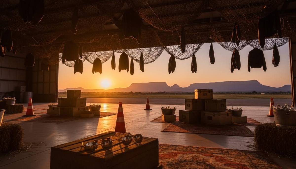 Top Gun inspired hangar party setup with amber sunset lighting in Gauteng.