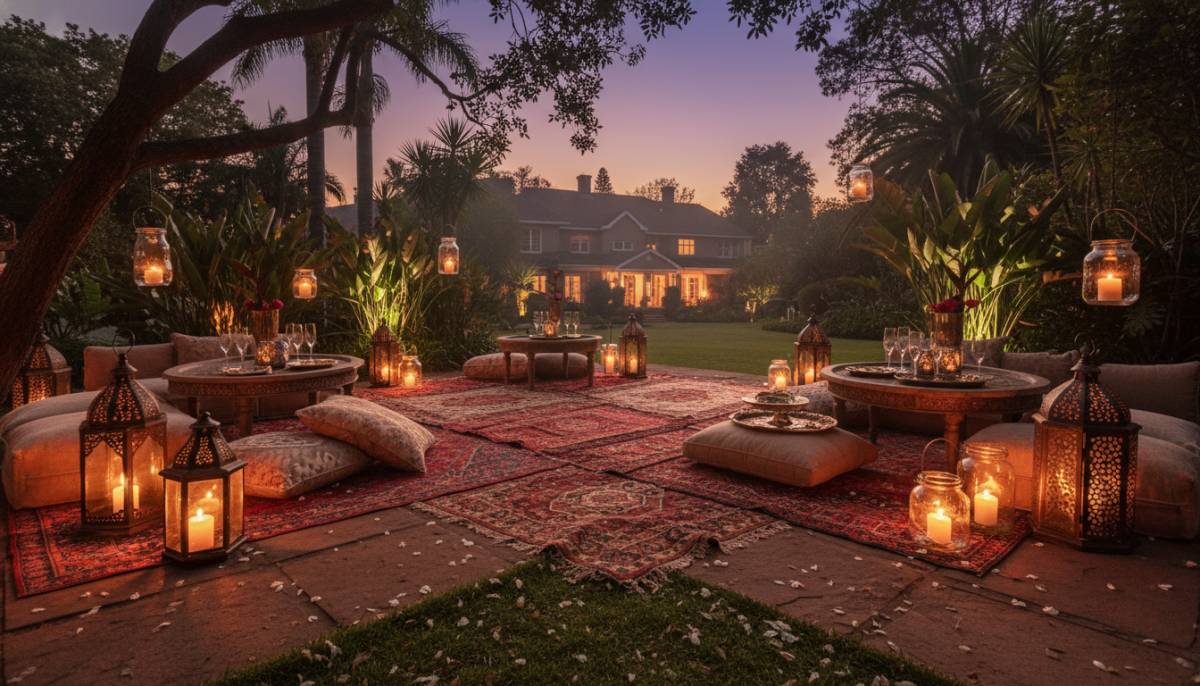 Amber lounge corner with rugs and lanterns in a Johannesburg garden at dusk