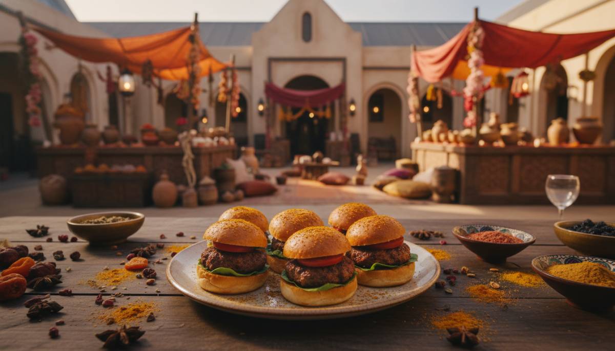 Spiced lamb slider station with brass trays at a Durban home party