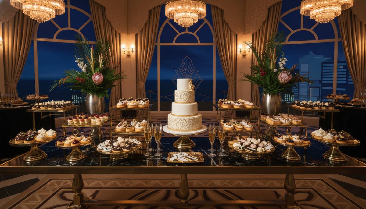 Art deco dessert table with gold trays in a Durban party venue.