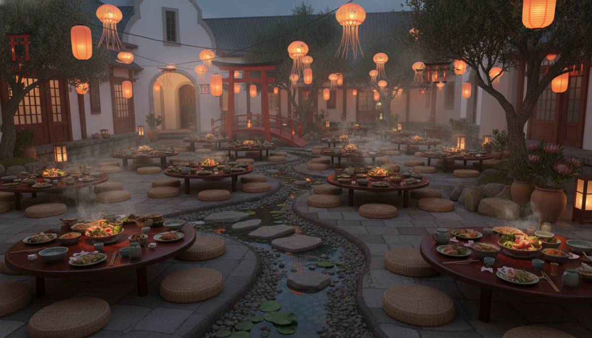 Spirited Away inspired bathhouse banquet table in a Cape Town courtyard with amber lanterns.