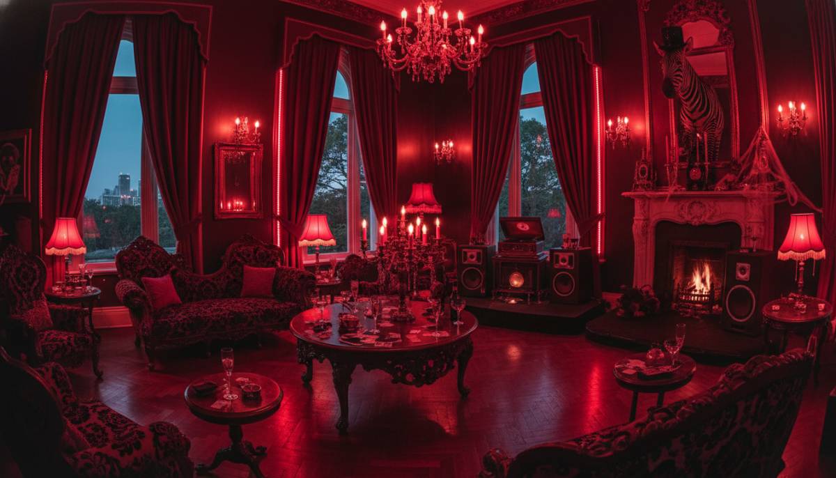 Rocky Horror inspired midnight mansion lounge with red velvet lighting in Johannesburg.