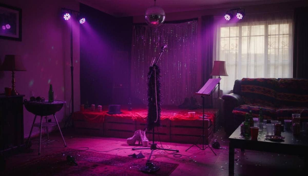 Rocky Horror inspired karaoke corner with purple stage lighting in a Pretoria house party.