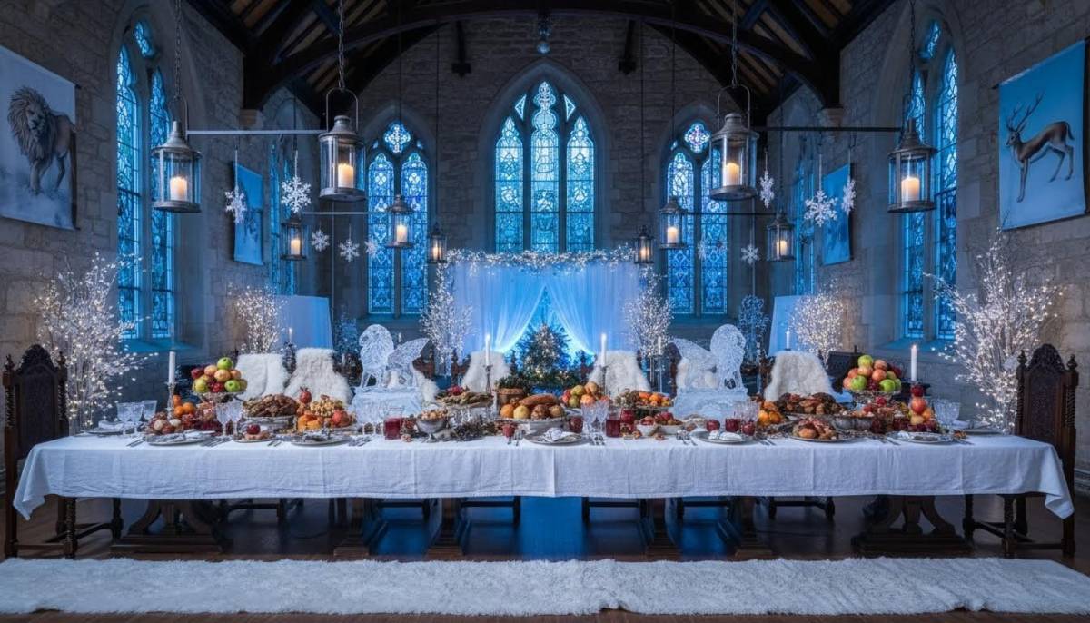 Narnia inspired winter banquet table with lanterns in a Stellenbosch hall.