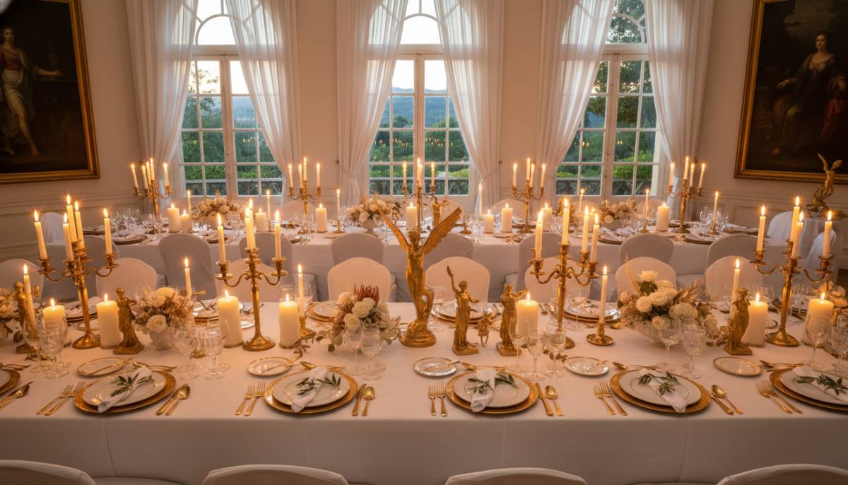 Mythology themed table setting with white linen and gold decor